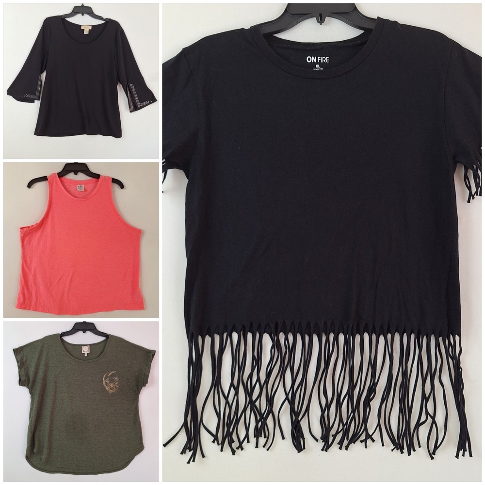 Lot Of 4 Women's Tops XL/L Black Fringe Tee Embellished Coral Tank Olive Graphic
